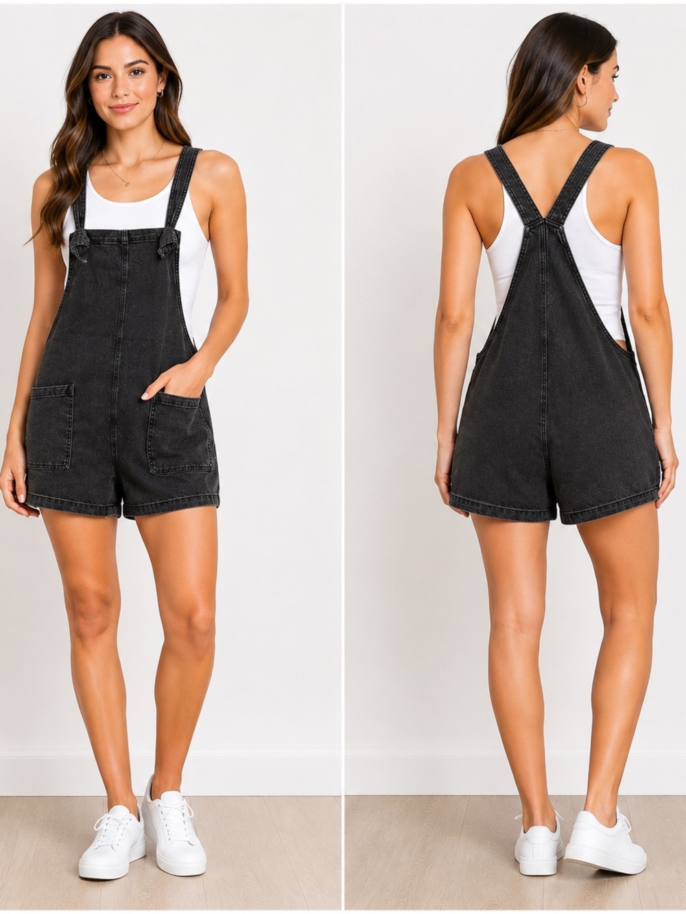 Zenana Outfitters Black Denim Short Overalls